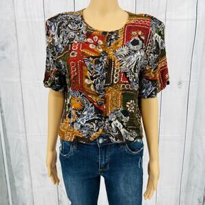 FR Sport (L) American VINTAGE 80s Womens Floral Button Up Crop Top Padded